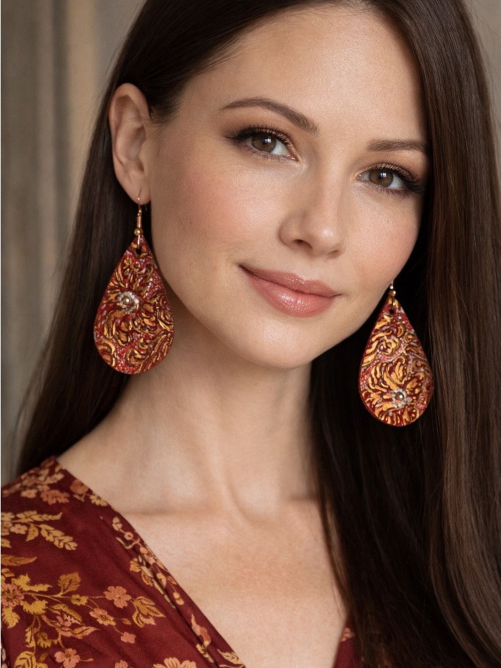 Leather Teardrop Floral Earrings in Red Maroon& Gold - NWOT